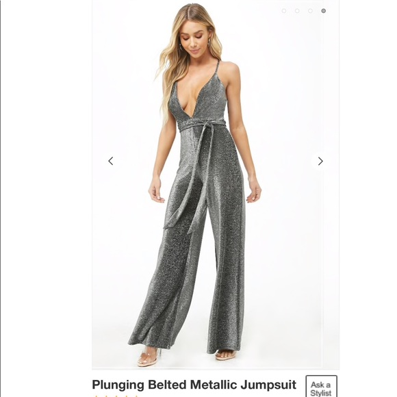 Zara Dresses & Skirts - Plunging Silver Metallic Sparkle Bodycon Jumpsuit